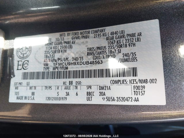 Продажа на аукционе авто 2013 Ford Escape Sel, vin: 1FMCU9H9XDUB48563, номер лота: 12672372