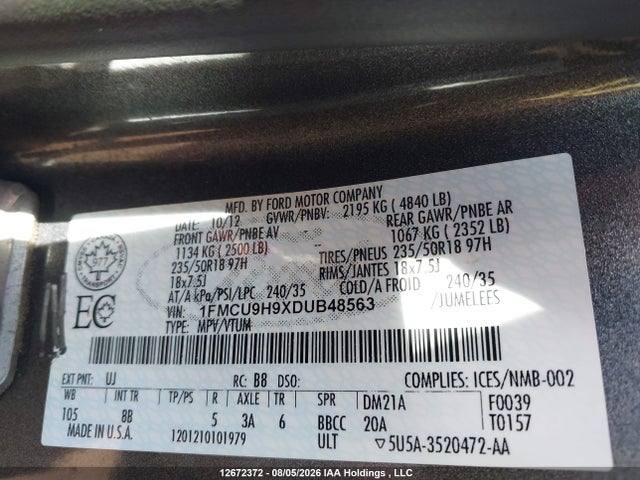 Продажа на аукционе авто 2013 Ford Escape Sel, vin: 1FMCU9H9XDUB48563, номер лота: 12672372
