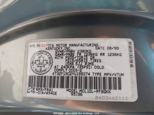 12672382 :رقم المزاد ، 4T3ZF13C2YU195074 vin ، 2000 Toyota Sienna Le/xle مزاد بيع