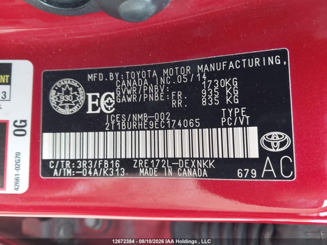 Toyota COROLLA LE 2014 2T1BURHE9EC174065 Image 9
