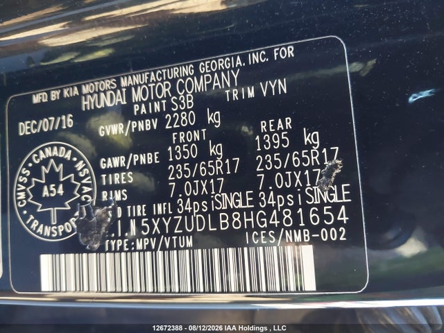Aukcja sprzedaży 2017 Hyundai Santa Fe Sport, vin: 5XYZUDLB8HG481654, numer aukcji: 12672388