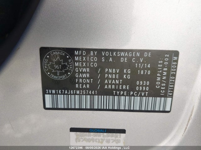 12672396 :رقم المزاد ، 3VW1K7AJ6FM257441 vin ، 2015 Volkswagen Jetta S مزاد بيع