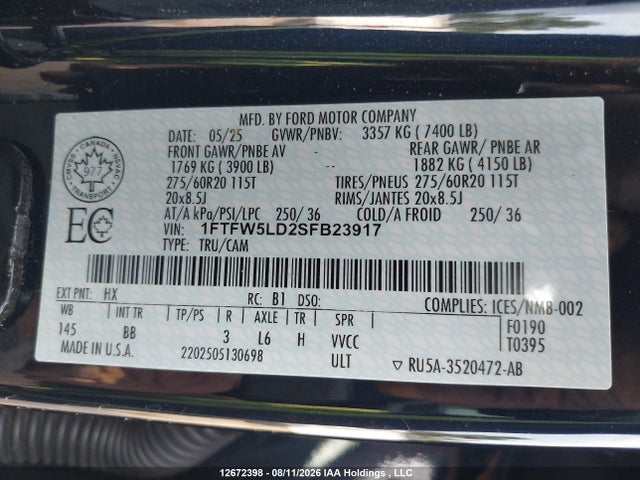 Продаж на аукціоні авто 2025 Ford F-150, vin: 1FTFW5LD2SFB23917, номер лоту: 12672398