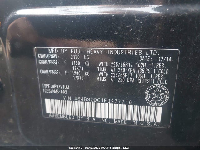 4S4BSCDC1F3277719 Subaru Outback 2.5i Touring Package