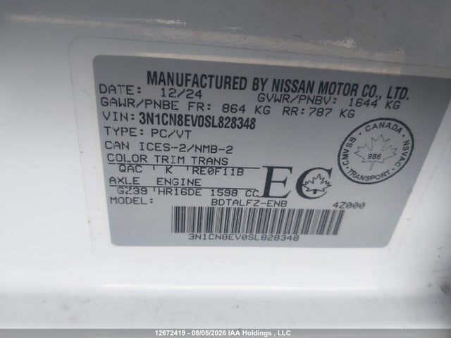 2025 Nissan Versa Sv მანქანა იყიდება აუქციონზე, vin: 3N1CN8EV0SL828348, აუქციონის ნომერი: 12672419