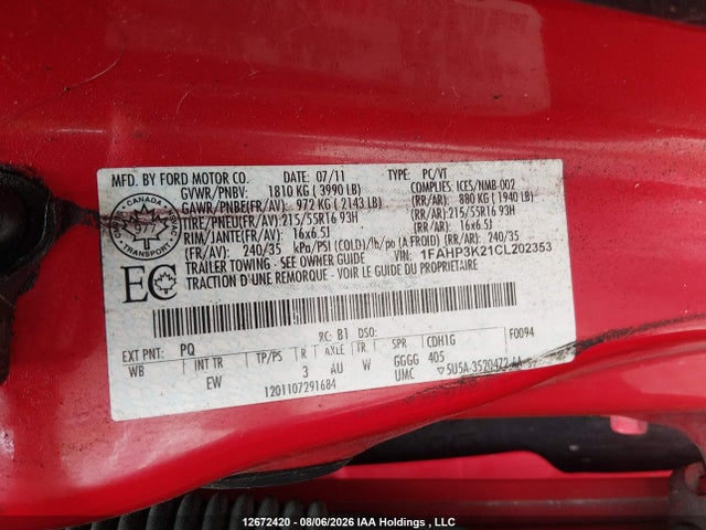 12672420 :رقم المزاد ، 1FAHP3K21CL202353 vin ، 2012 Ford Focus مزاد بيع