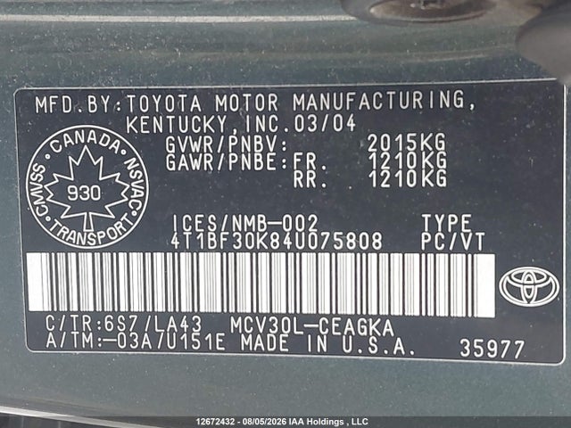 12672432 :رقم المزاد ، 4T1BF30K84U075808 vin ، 2004 Toyota Camry Le/xle/se مزاد بيع