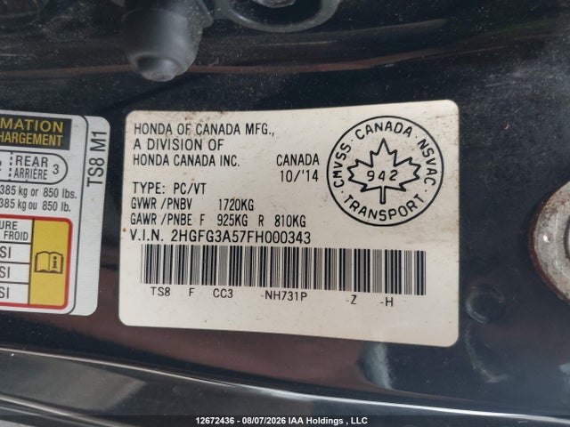 Honda Civic Lx 2015 2HGFG3A57FH000343 Image 9