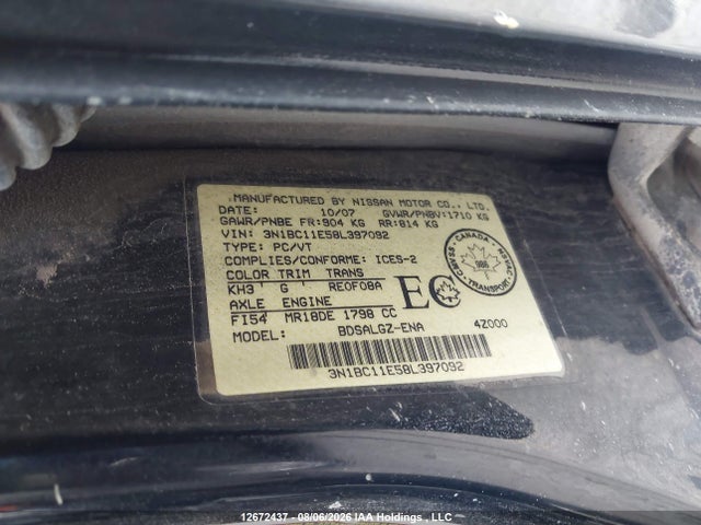 Продажа на аукционе авто 2008 Nissan Versa, vin: 3N1BC11E58L397092, номер лота: 12672437