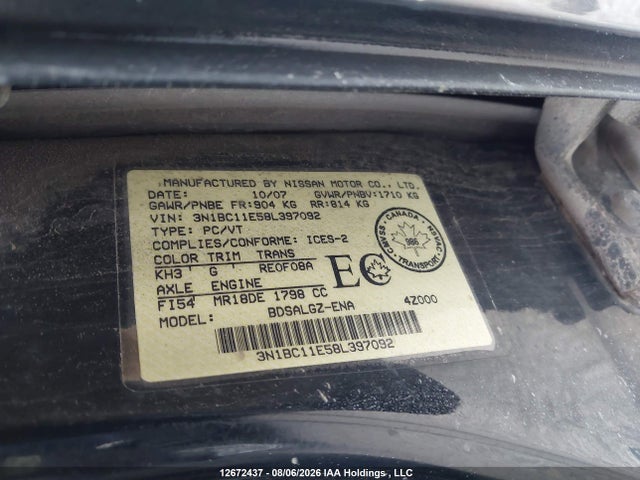 Продажа на аукционе авто 2008 Nissan Versa, vin: 3N1BC11E58L397092, номер лота: 12672437