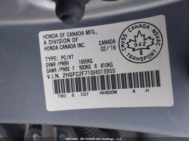 Продаж на аукціоні авто 2016 Honda Civic Ex, vin: 2HGFC2F71GH015955, номер лоту: 12672442