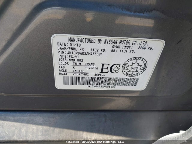 12672458 :رقم المزاد ، JN1CV6AR3AM455694 vin ، 2010 Infiniti G37x مزاد بيع