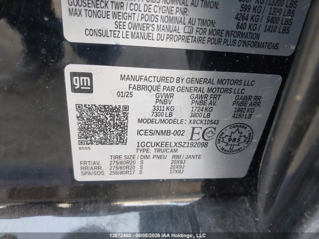 12672460 :رقم المزاد ، 1GCUKEELXSZ192098 vin ، 2025 Chevrolet Silverado 1500 4wd Rst مزاد بيع