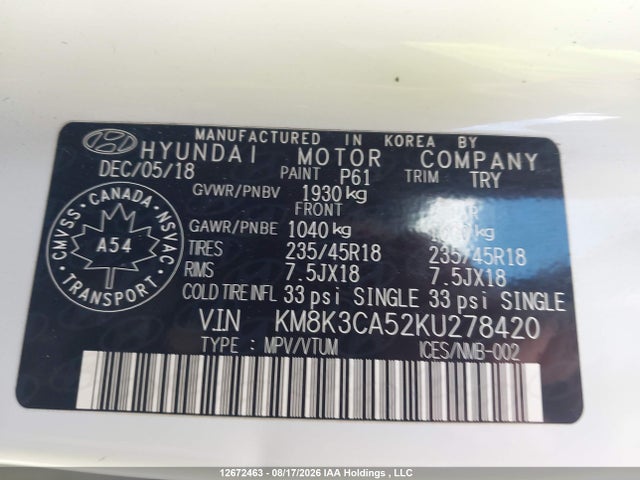 KM8K3CA52KU278420 Hyundai Kona