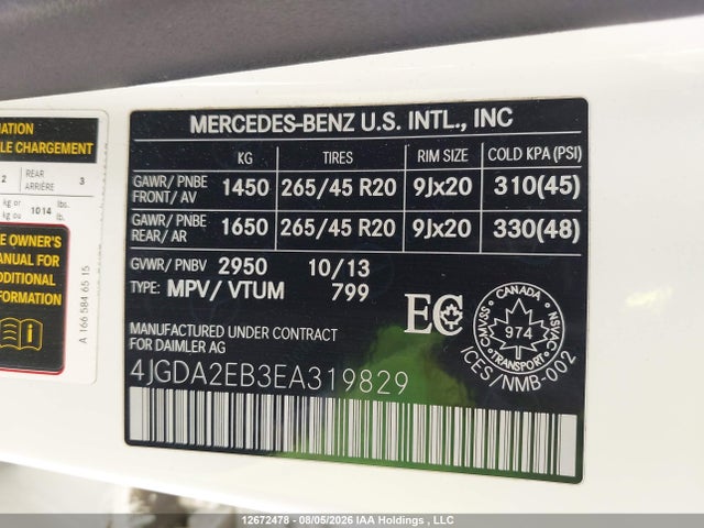 Продаж на аукціоні авто 2014 Mercedes-benz Ml 350 Bluetec 4matic, vin: 4JGDA2EB3EA319829, номер лоту: 12672478