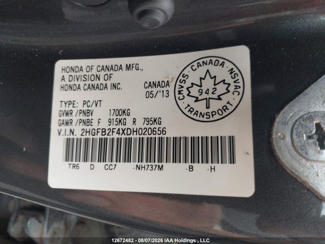 Продаж на аукціоні авто 2013 Honda Civic Lx, vin: 2HGFB2F4XDH020656, номер лоту: 12672482
