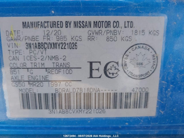 Aukcja sprzedaży 2021 Nissan Sentra Sv, vin: 3N1AB8CVXMY221026, numer aukcji: 12672494