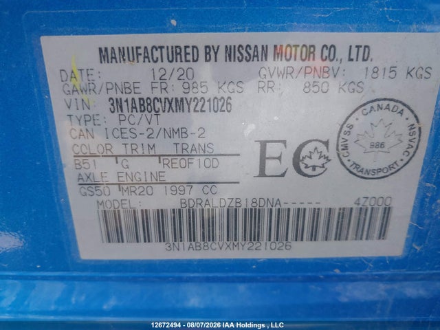 Aukcja sprzedaży 2021 Nissan Sentra Sv, vin: 3N1AB8CVXMY221026, numer aukcji: 12672494