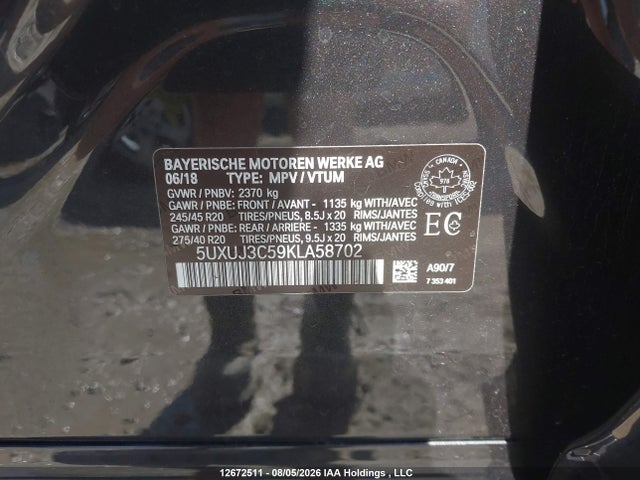 12672511 :رقم المزاد ، 5UXUJ3C59KLA58702 vin ، 2019 Bmw X4 Xdrive30i مزاد بيع