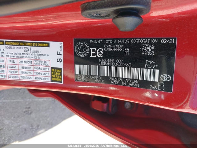 2021 Toyota Corolla Hybrid Base W/li Battery მანქანა იყიდება აუქციონზე, vin: JTDBAMDE0MJ025631, აუქციონის ნომერი: 12672514
