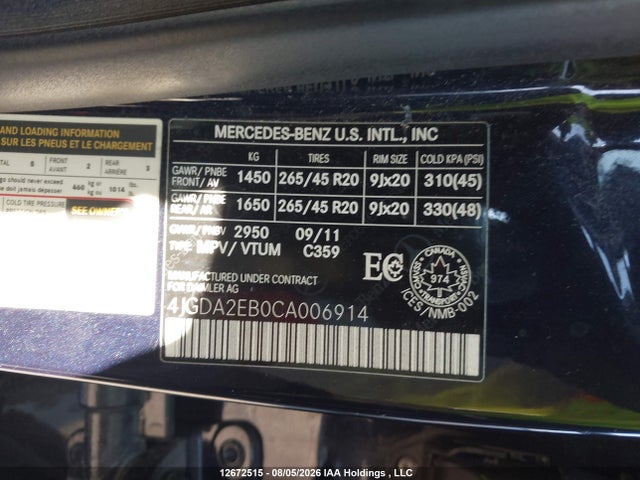 Aukcja sprzedaży 2012 Mercedes-benz Ml 350 Bluetec, vin: 4JGDA2EB0CA006914, numer aukcji: 12672515