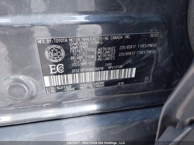 12672517 :رقم المزاد ، 2T3Z1RFV4NW236018 vin ، 2022 Toyota Rav4 Le مزاد بيع