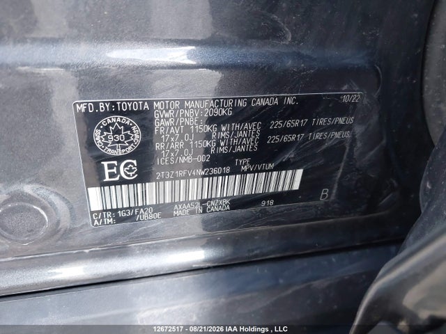 12672517 :رقم المزاد ، 2T3Z1RFV4NW236018 vin ، 2022 Toyota Rav4 Le مزاد بيع
