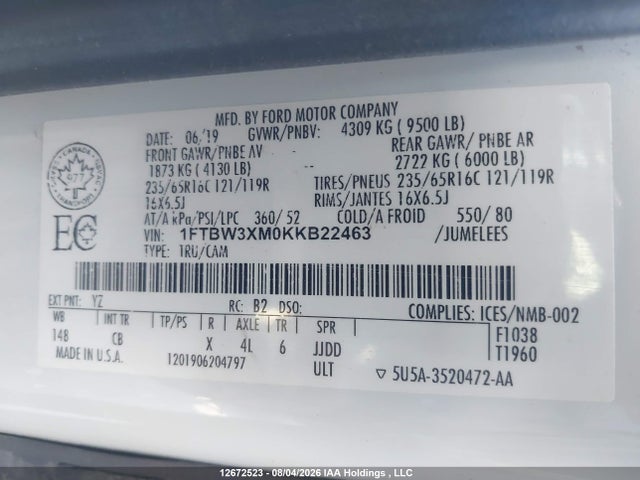 Продаж на аукціоні авто 2019 Ford Transit-350, vin: 1FTBW3XM0KKB22463, номер лоту: 12672523