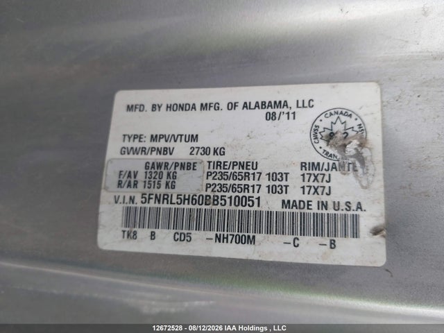 Auction sale of the 2011 Honda Odyssey Ex-l, vin: 5FNRL5H60BB510051, lot number: 12672528