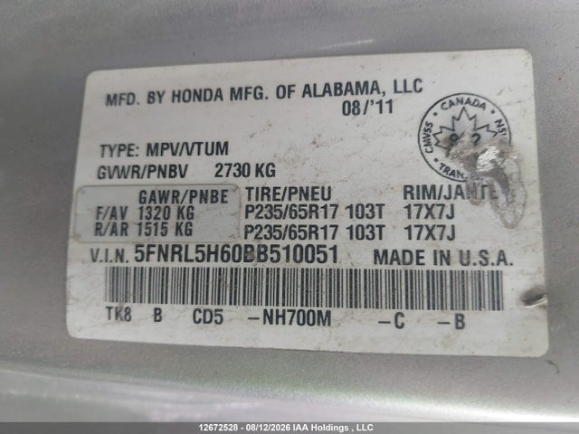 Auction sale of the 2011 Honda Odyssey Ex-l, vin: 5FNRL5H60BB510051, lot number: 12672528