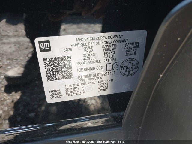 12672538 :رقم المزاد ، KL79MRSL0TB226407 vin ، 2026 Chevrolet Trailblazer Lt مزاد بيع