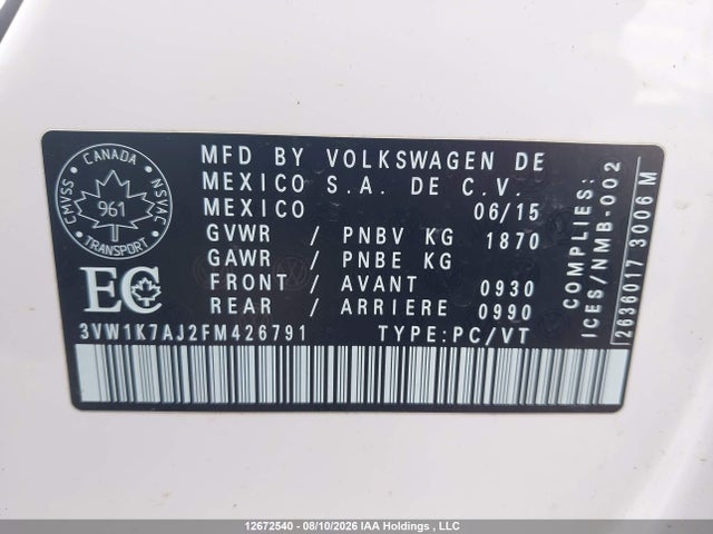 Aukcja sprzedaży 2015 Volkswagen Jetta Sedan, vin: 3VW1K7AJ2FM426791, numer aukcji: 12672540
