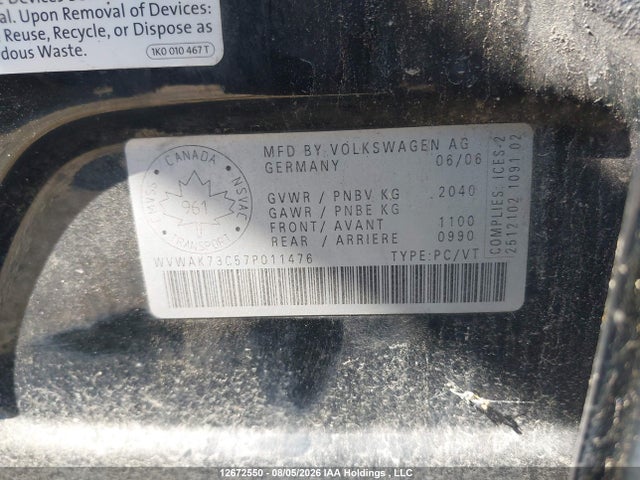 12672550 :رقم المزاد ، WVWAK73C57P011476 vin ، 2007 Volkswagen Passat 2.0t/2.0t Base مزاد بيع