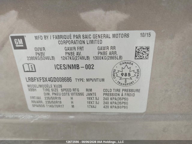 Продаж на аукціоні авто 2016 Buick Envision Premium Ii, vin: LRBFXFSX4GD008686, номер лоту: 12672556