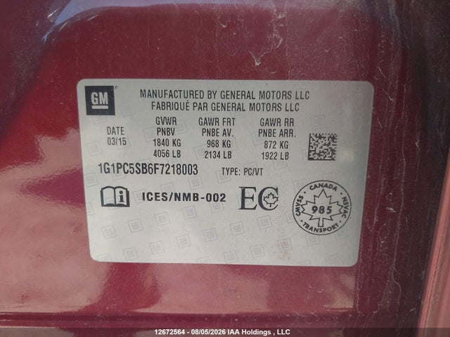 Auction sale of the 2015 Chevrolet Cruze 1lt Auto, vin: 1G1PC5SB6F7218003, lot number: 12672564