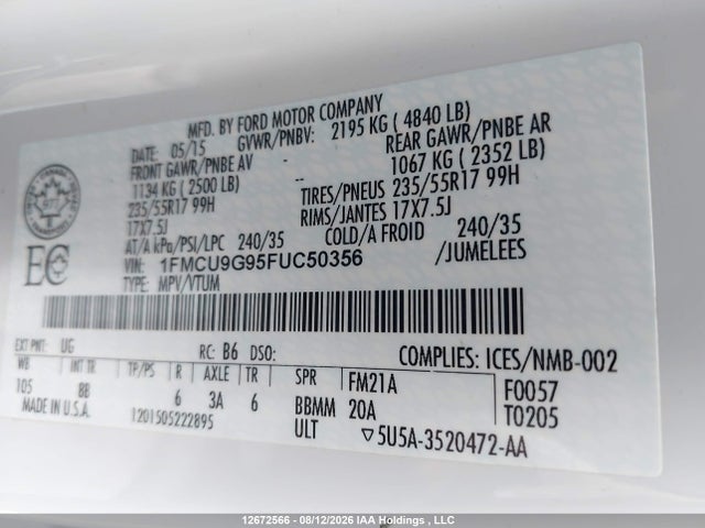 2015 Ford Escape Se მანქანა იყიდება აუქციონზე, vin: 1FMCU9G95FUC50356, აუქციონის ნომერი: 12672566