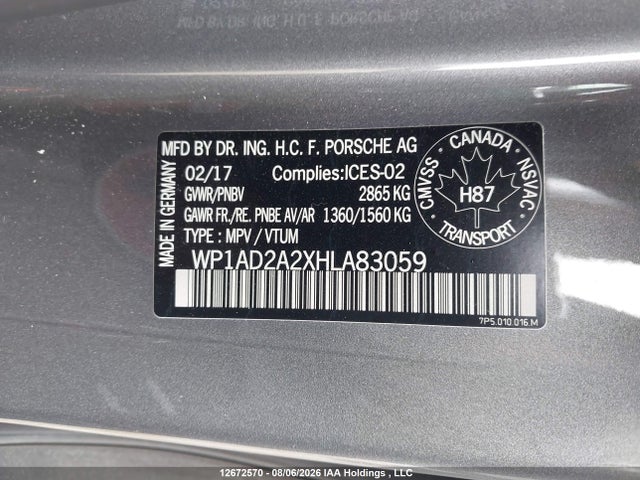 12672570 :رقم المزاد ، WP1AD2A2XHLA83059 vin ، 2017 Porsche Cayenne Gts مزاد بيع