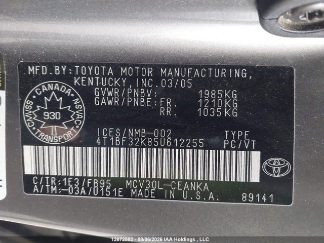 Продаж на аукціоні авто 2005 Toyota Camry Le V6/xle V6, vin: 4T1BF32K85U612255, номер лоту: 12672582