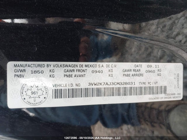 Продажа на аукционе авто 2012 Volkswagen Jetta 2.0l Trendline/2.0l Trendline+, vin: 3VW2K7AJ3CM328031, номер лота: 12672596