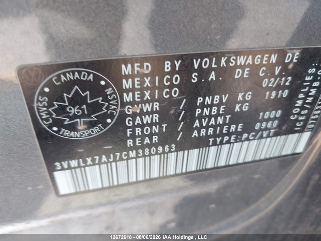 Aukcja sprzedaży 2012 Volkswagen Jetta, vin: 3VWLX7AJ7CM380963, numer aukcji: 12672618