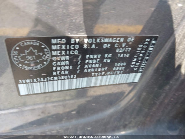 Aukcja sprzedaży 2012 Volkswagen Jetta, vin: 3VWLX7AJ7CM380963, numer aukcji: 12672618