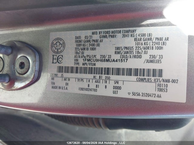 1FMCU9H68MUA41517 Ford ESCAPE SEL