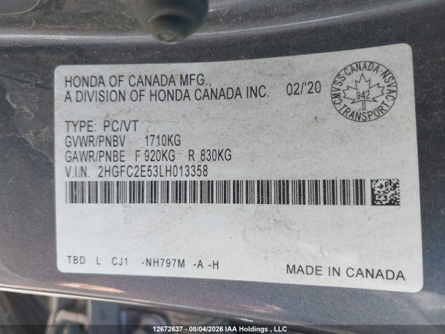 Aukcja sprzedaży 2020 Honda Civic Lx, vin: 2HGFC2E53LH013358, numer aukcji: 12672637