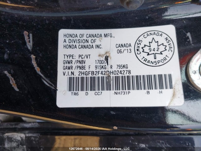 Продаж на аукціоні авто 2013 Honda Civic Lx, vin: 2HGFB2F42DH024278, номер лоту: 12672646