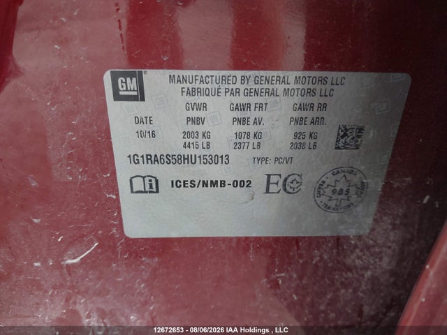 2017 Chevrolet Volt მანქანა იყიდება აუქციონზე, vin: 1G1RA6S58HU153013, აუქციონის ნომერი: 12672653