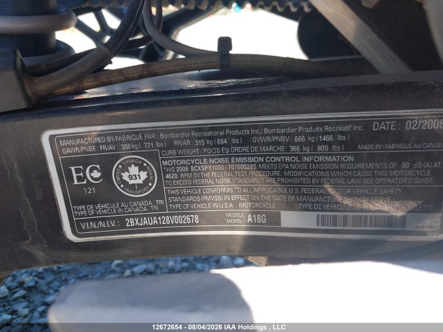 12672654 :رقم المزاد ، 2BXJAUA128V002678 vin ، 2008 Can-am Spyder Roadster Rs مزاد بيع