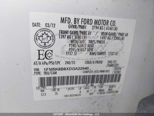 Aukcja sprzedaży 2013 Ford Explorer, vin: 1FM5K8B8XDGA22940, numer aukcji: 12672657