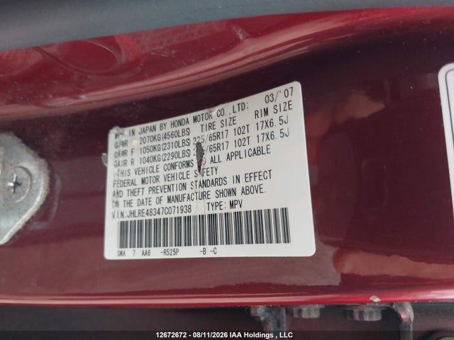 2007 Honda Cr-v Lx მანქანა იყიდება აუქციონზე, vin: JHLRE48347C071938, აუქციონის ნომერი: 12672672