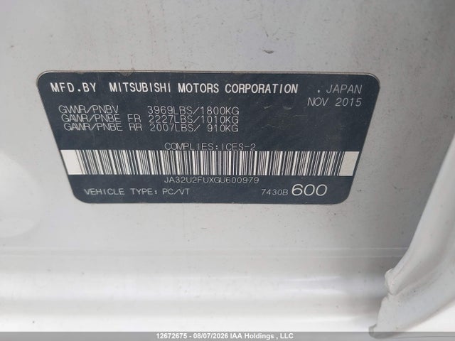 Aukcja sprzedaży 2016 Mitsubishi Lancer, vin: JA32U2FUXGU600979, numer aukcji: 12672675