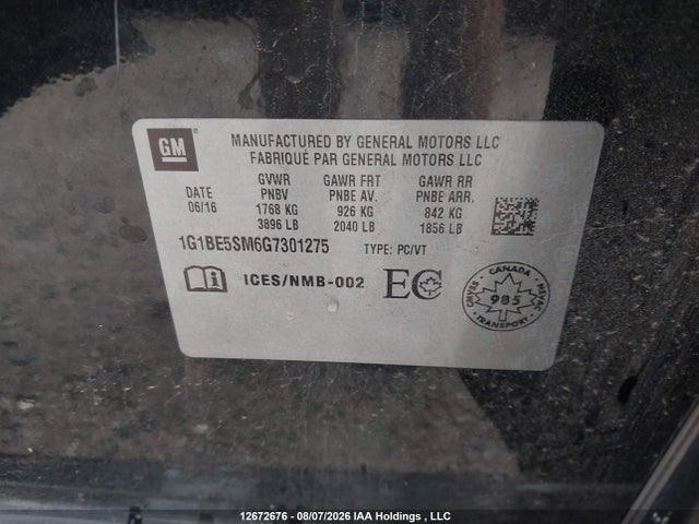 1G1BE5SM6G7301275 Chevrolet Cruze Lt Auto